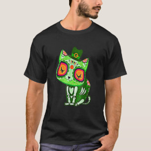 Day Of Dead Sugar Skull Cat Leprechaun Hat St Patr T-Shirt