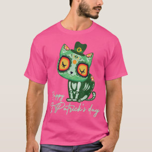 Day of Dead Sugar Skull Cat Leprechaun Hat St Patr T-Shirt