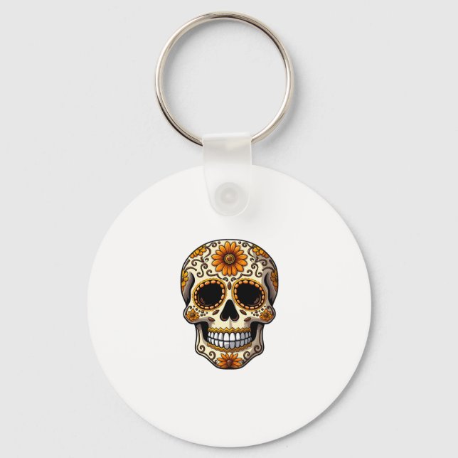 Day Of Dead Sugar Skull Floral Skeleton Head Bone  Key Ring (Front)