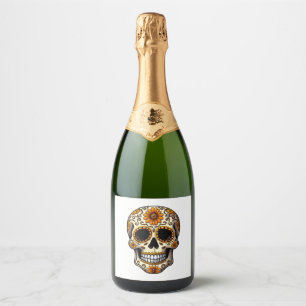 Day Of Dead Sugar Skull Floral Skeleton Head Bone Sparkling Wine Label