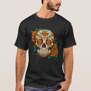 Day Of Dead Sugar Skull Floral Skeleton Head Bone  T-Shirt