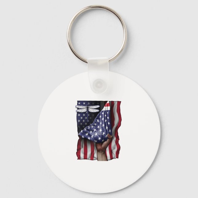 Day Of Independence US Flag Dragonfly T-Shirt Key Ring (Front)