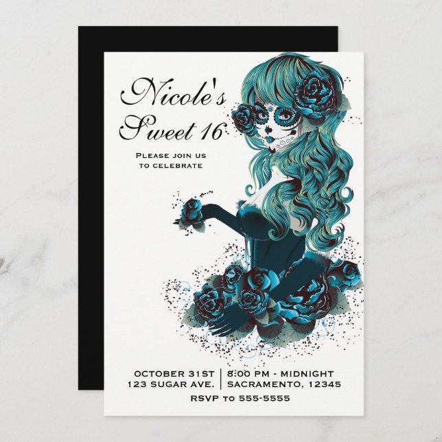 Day of the Dead Beautiful Sugar Skull Makeup Girl Invitation (Front/Back)