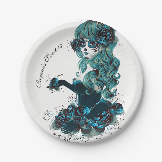 Day of the Dead Beautiful Sugar Skull Makeup Girl Paper Plate (Front)