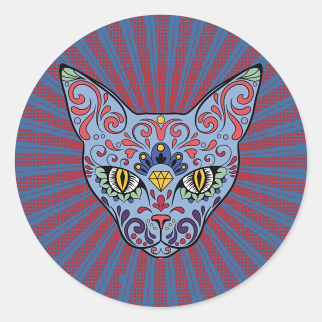 Day of the Dead Blue Cat Sugar Skull Classic Round Sticker (Front)