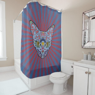 Day of the Dead Blue Cat Sugar Skull Shower Curtain