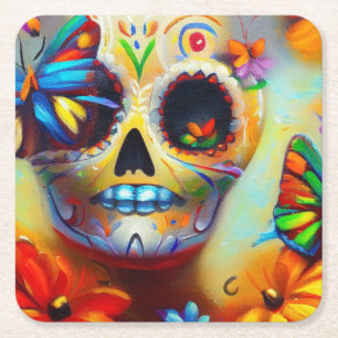 Day of the Dead Butterflies 2 Square Paper Coaster