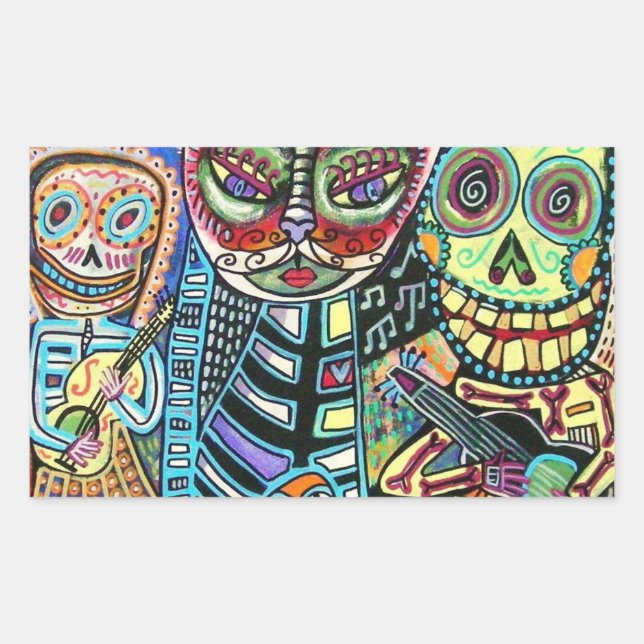 Day Of The Dead Cat Serenade Rectangular Sticker (Front)