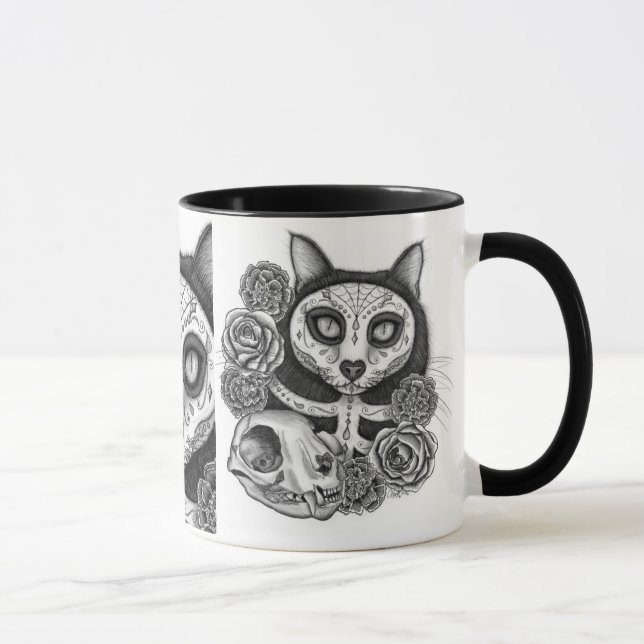 Day of the Dead Cat Skull Sugar Roses Art Mug (Right)