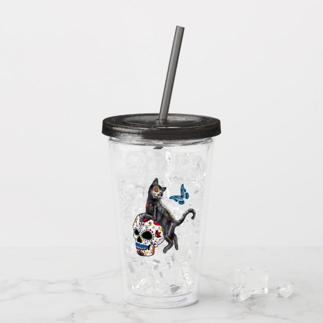 Day Of The Dead Cat Sugar Skull And Butterfly Acrylic Tumbler (Back Ice)