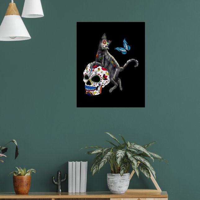 Day Of The Dead Cat Sugar Skull And Butterfly Poster (Living Room 1)