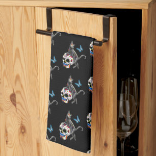 Day Of The Dead Cat Sugar Skull And Butterfly Tea Towel
