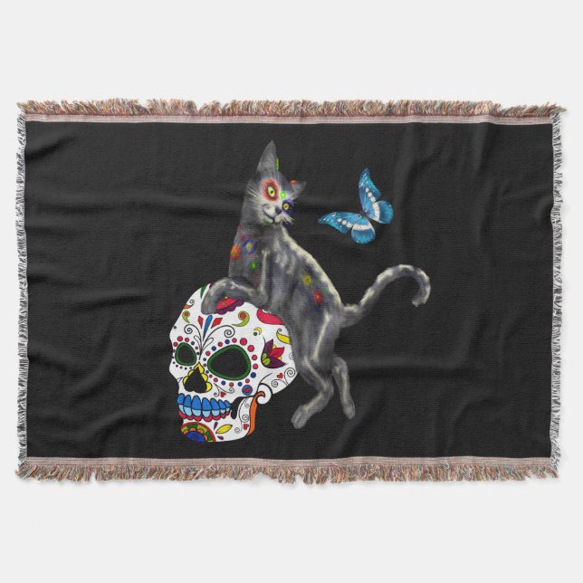 Day Of The Dead Cat Sugar Skull And Butterfly Throw Blanket (Front)