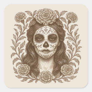 Day of the Dead Catrina Aztec Marigold Drawing Square Sticker