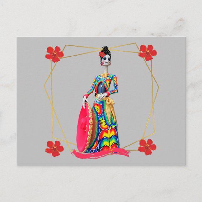 Day of the Dead Catrina with Pink Mariachi Hat Holiday Postcard (Front)