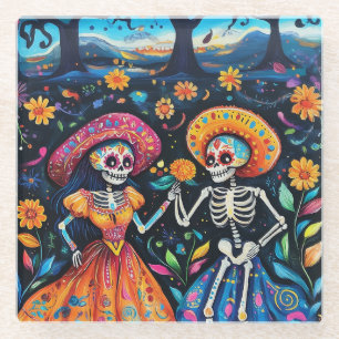 Day of the dead colorful design glass coaster