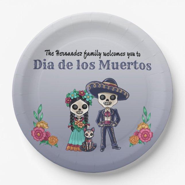 Day of the Dead Couple and Cat Paper Plate (Front)