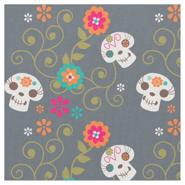 Day of the Dead Cute Skeleton Faces Fabric (Close Up)