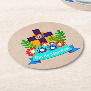 Day of the Dead Daisy Flower Cross Family Kids Round Paper Coaster