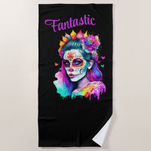 Day of the Dead Fantastic Lady in Bright Colours Beach Towel
