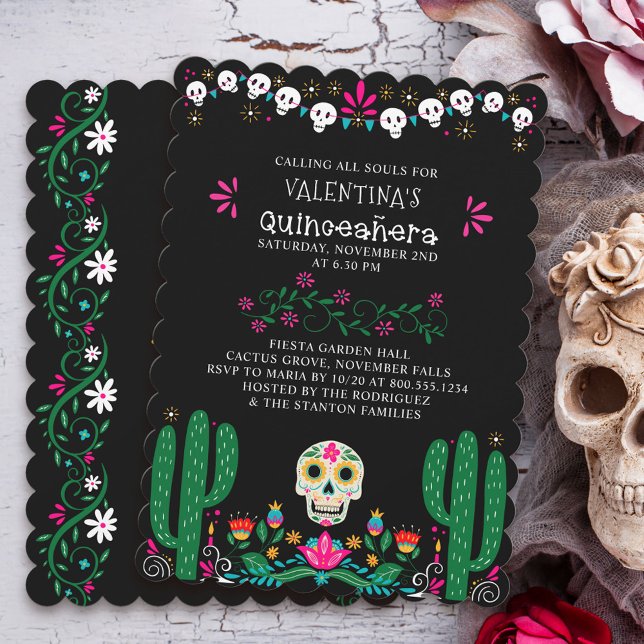 Day of the Dead Floral Skulls Quinceanera Invitation (Day of the Dead Quinceanera Invitation from my Dia de los Muertos collection)