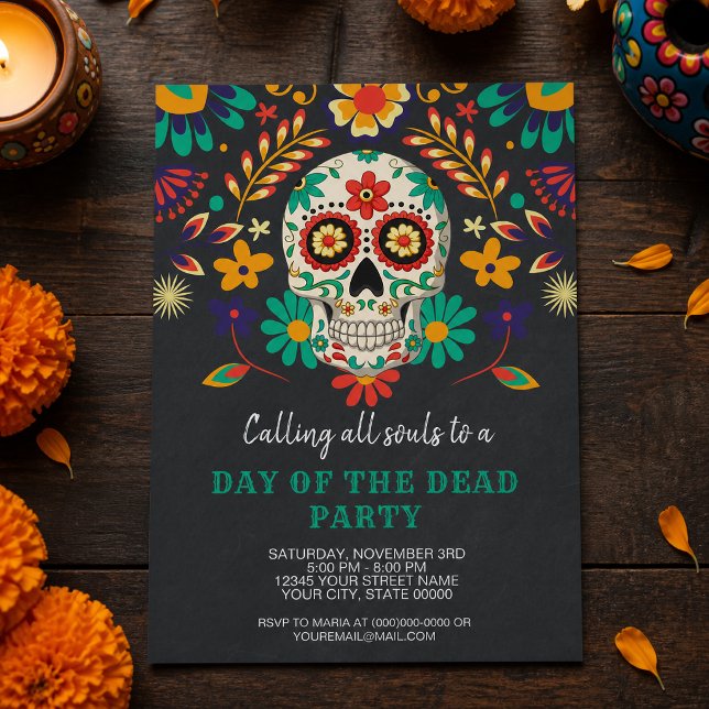 Day of the Dead Halloween Party Invitation (Call all souls together for a Day of the Dead celebration with this colorful sugar skull invitation.)