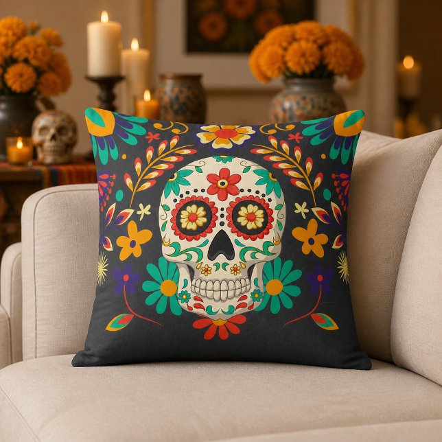 Day of the Dead Halloween Sugar Skull Cushion (Bring bold color and celebratory spirit to your home with this striking Day of the Dead sugar skull )