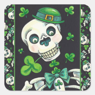 DAY OF THE DEAD LEPRECHAUN, ST. PADDY'S DAY SKULL SQUARE STICKER