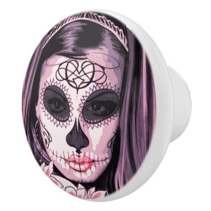 Day of the Dead Mask on a beautiful Girl Ceramic Knob