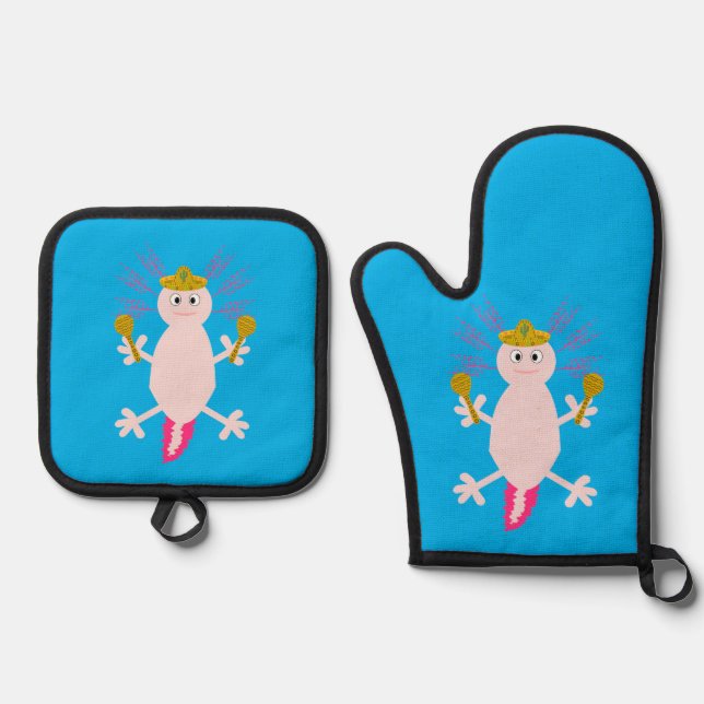 Day of the Dead Mexican Axolotl Oven Mitt & Pot Holder Set (Front)