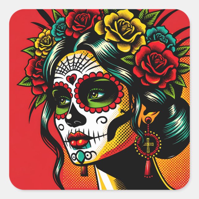 Day of the dead Mexican Catrina Roses Square Sticker (Front)