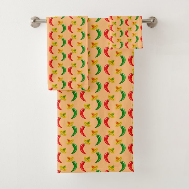 Day of the Dead Mexican Chilis Patterned Bath Towel Set (Insitu)