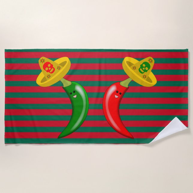 Day of the Dead Mexican Chilis Striped Beach Towel (Front)