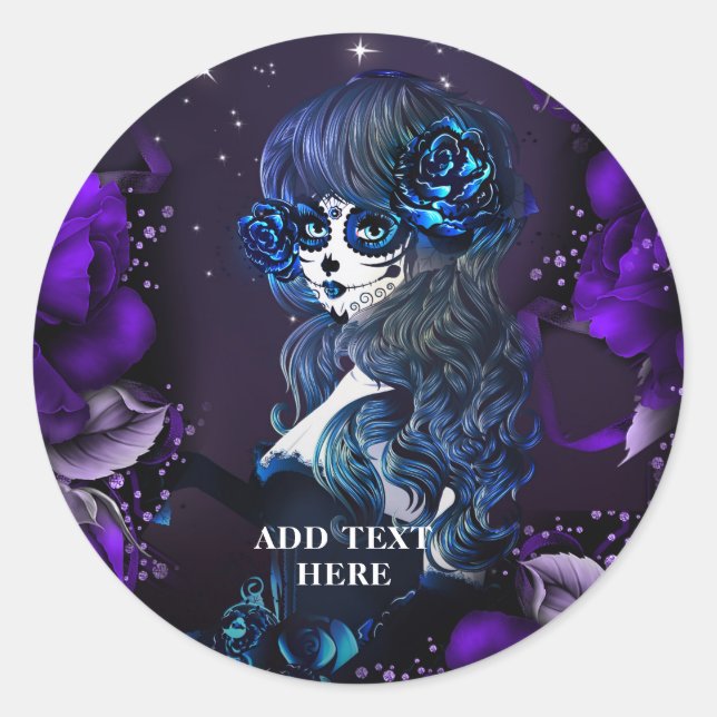 Day of the Dead Mexican Girl Birthday Party Purple Classic Round Sticker (Front)