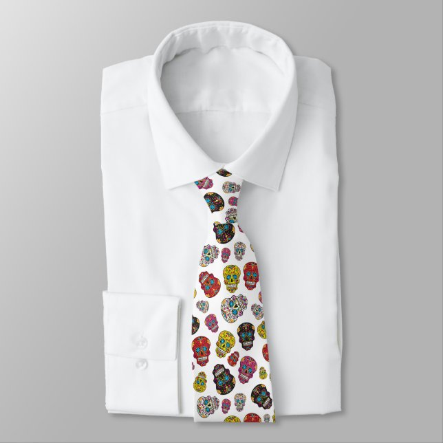 Day of the Dead Mexican Polka Dot Sugar Skull Tie (Tied)