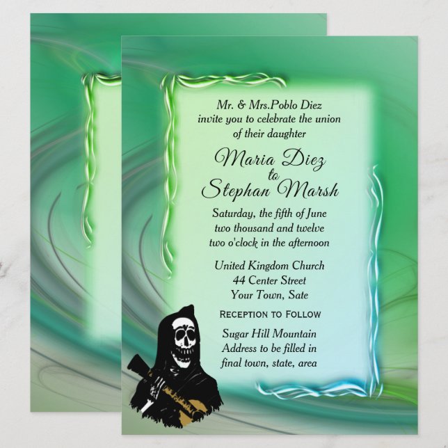 Day of the Dead Misty Green Wedding Invitations (Front/Back)
