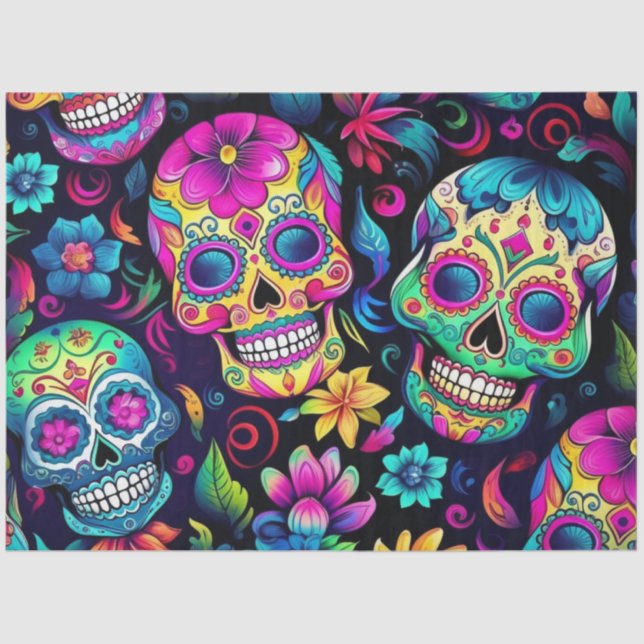 Day of the Dead Neon Sugar Skulls Tissue Paper (Front)
