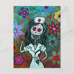 Day of the dead nurse painting postcard