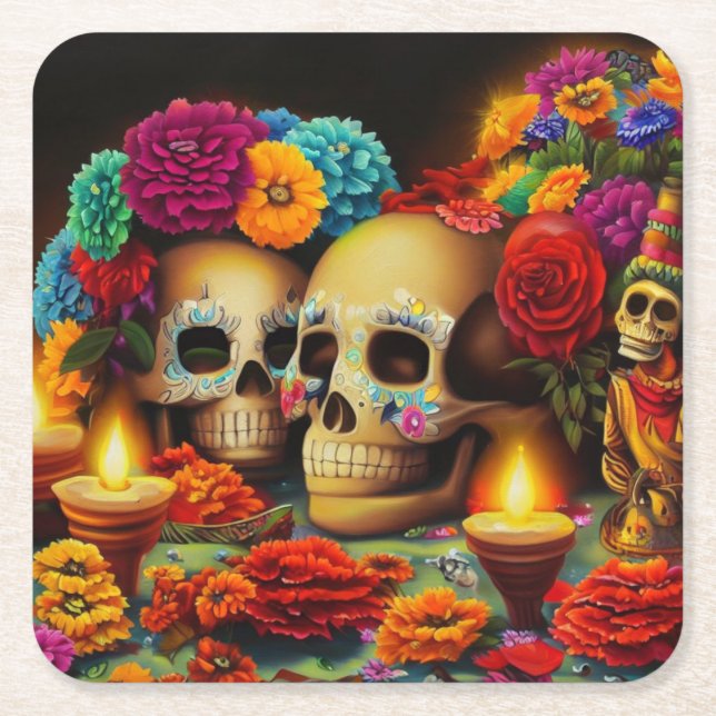 Day of the Dead Offrendas 3 Square Paper Coaster (Front)