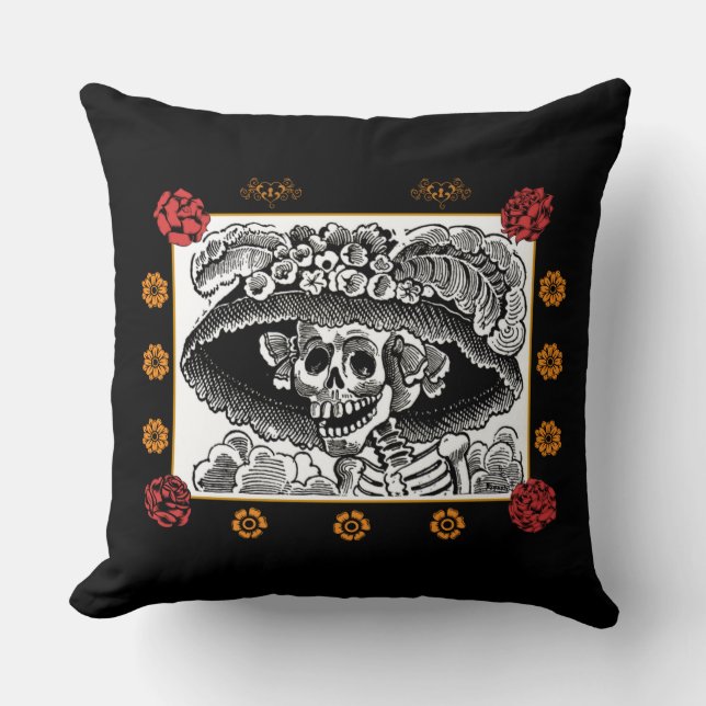 Day of the Dead Pillow - La Catrina with Roses (Front)