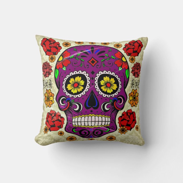Day of the Dead Pillow Purple Sugar Skull (Front)