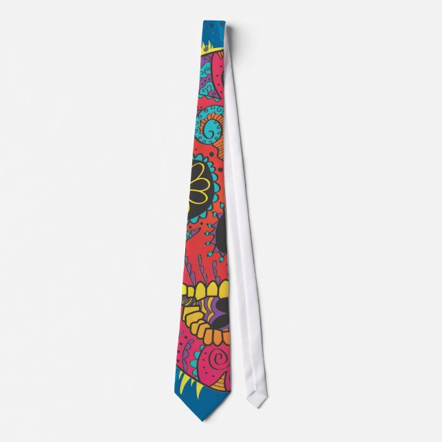 Day of The Dead Rainbow Skull Daisy Tribal Tattoo Tie (Front)