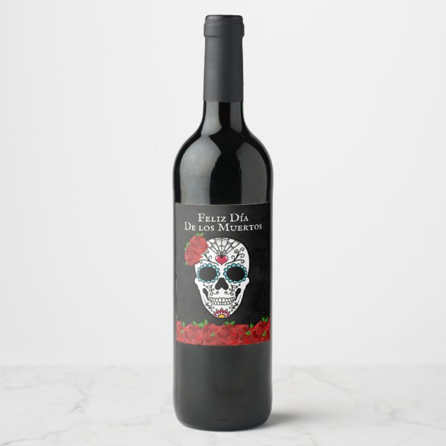 Day of the Dead Red Turquoise Sugar Skull Wine Label (Front)