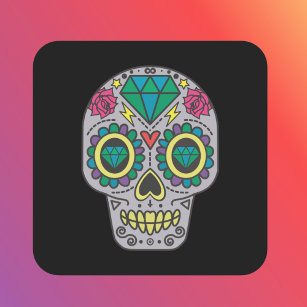 Day of the Dead Roses and Crystal Skull on Black S Square Sticker