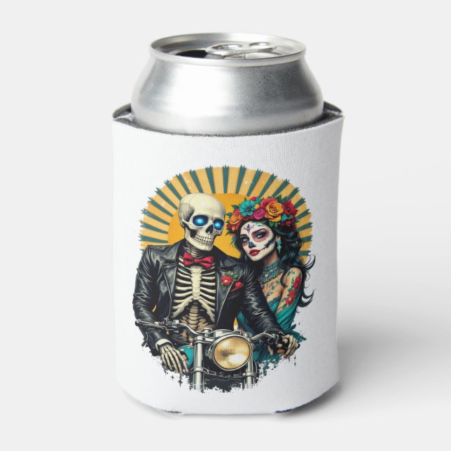 Day of the Dead Skeleton Couple Bikers Can Cooler (Can Front)
