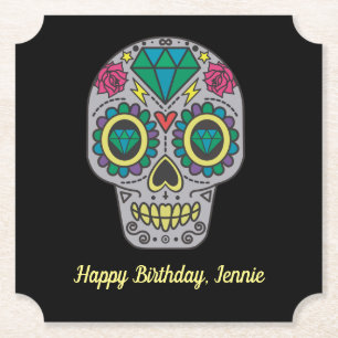 Day of the Dead Skull with Rose and Crystal Paper Coaster