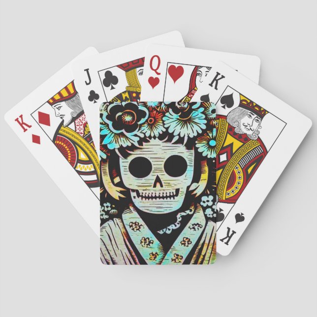 Day of the Dead Skull Woodcut (4) Playing Cards (Back)