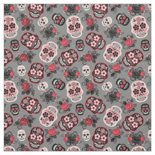 Day of the Dead Skulls Rose & Grey Fabric