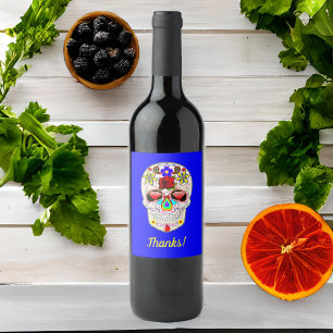 Day of the Dead Style Rose Skull on Blue Wine Label