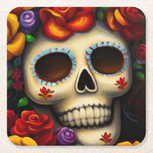 Day of the Dead Sugar Skull 2 Square Paper Coaster